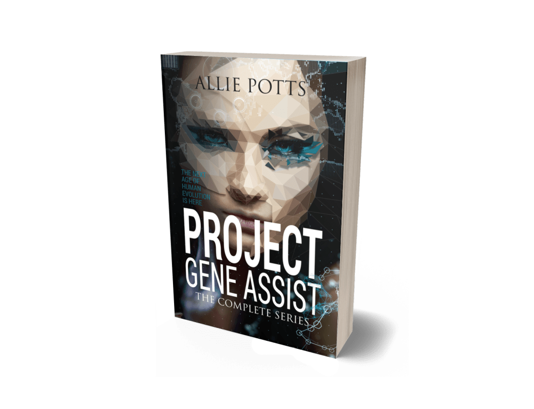 3D rendering of the book Project Gene Assist: The Complete Series featuring a woman's face overlayed with geometric shapes
