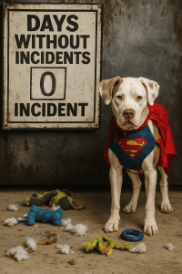 An AI generated picture of a white and brown mixed breed dog that is standing beside an incident sign. The dog is wearing a superdog costume on and there are torn up toys all over the floor